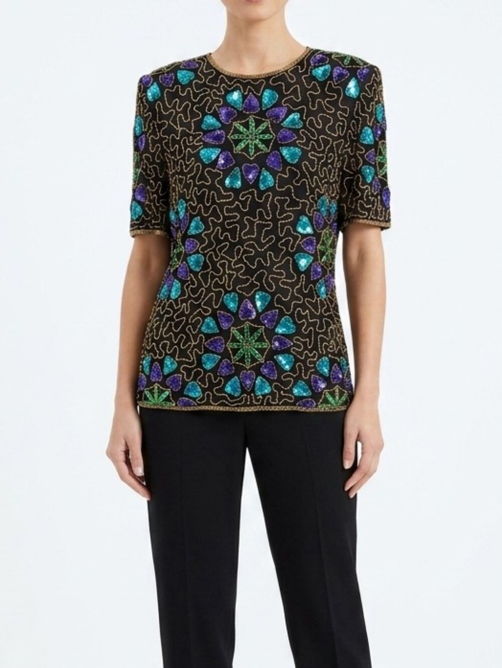 Silk Vintage beaded top XL extra large by Sténay Stenay sequin new years